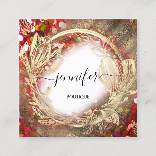Floral Frame QR Code Logo Gold Red Confetti Royal Quadratische Visitenkarte (Vorderseite)