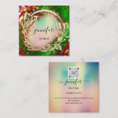 Floral Frame QR Code Logo Gold Red Holographic Quadratische Visitenkarte (Vorne/Hinten)