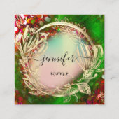 Floral Frame QR Code Logo Gold Red Holographic Quadratische Visitenkarte (Vorderseite)