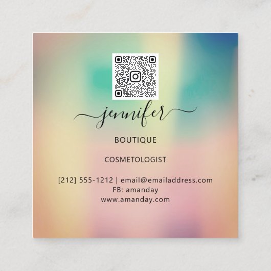 Floral Frame QR Code Logo Gold Red Holographic Quadratische Visitenkarte (Rückseite)