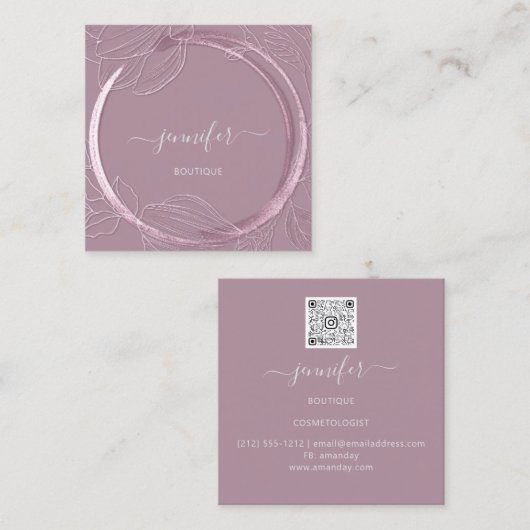 Floral Frame QR Code Logo Rosa Rosa Royal Quadratische Visitenkarte (Vorne/Hinten)