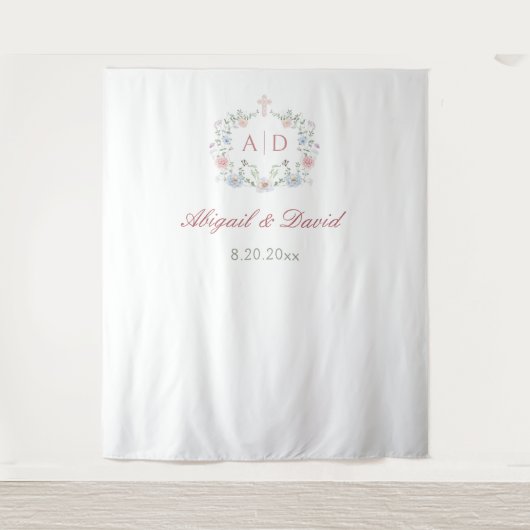 Floral Frame Religiöse Hochzeitmonogramme Hintergr Wandteppich (Vorderseite)