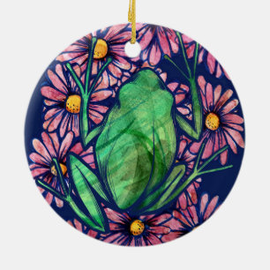 Floral Froggy Green tree Frog Art Daisy Keramik Ornament