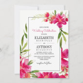 Floral Fuchsia | Grün | Black Stripes Wedding Einladung (Vorderseite)