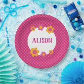 Floral fuchsia karierter Mädchenname Pappteller (Party)