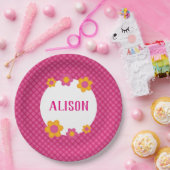 Floral fuchsia karierter Mädchenname Pappteller (Party)