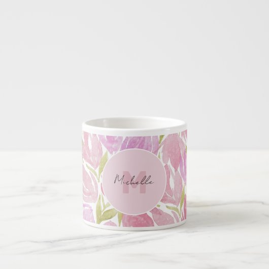 Floral Fuchsia Pink Aquarellfarbenmonogramm Espressotasse (Vorderseite)