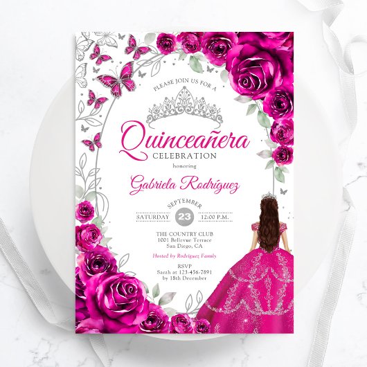 Floral Fuchsia Pink Silver Quinceanera Einladung