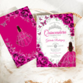 Floral Fuchsia Rosa Silber Quinceanera Einladung