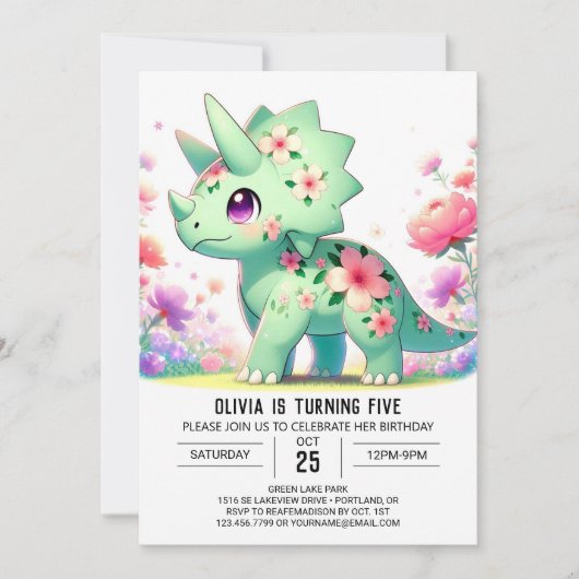 Floral Fun Dinosaur Digital Geburtstag Einladung (Vorderseite)