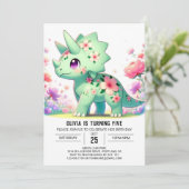 Floral Fun Dinosaur Digital Geburtstag Einladung (Stehend Vorderseite)