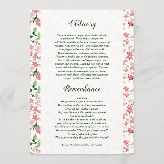 Floral Funeral Program Card Template Programm (Rückseite)