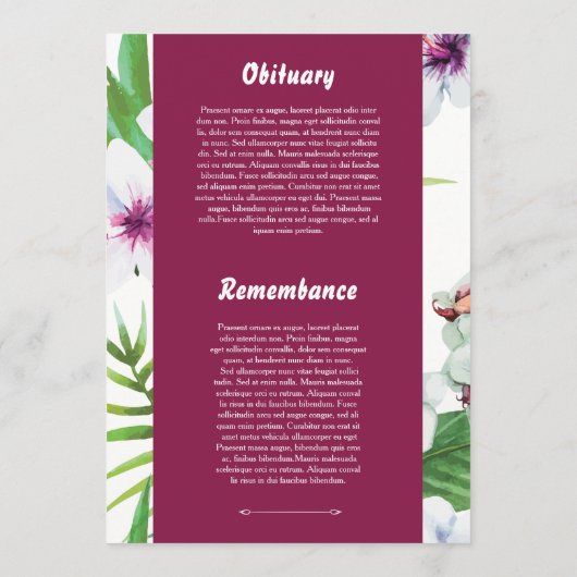 Floral Funeral Program Card Template Programm (Rückseite)