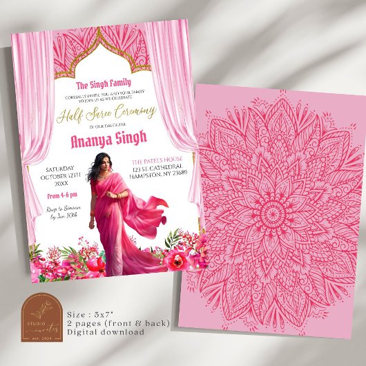Floral Fuschia Red Half Saree Indian Girl Zeremoni Einladung