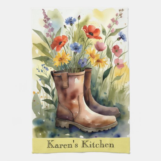Floral Garden Boots and Wildflowers Kitchen Towel Geschirrtuch (Vertikal)