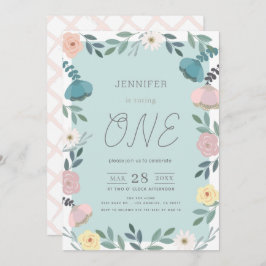 Floral Garden Light Blue GIrl 1. Geburtstag Einladung