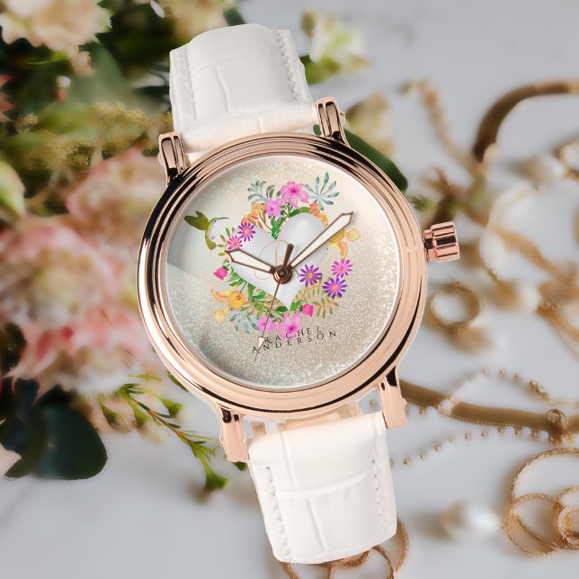 Floral Garden Monogram Champagne Runde Armbanduhr (Elegant and Chic Floral Garden Monogram Ladies Watch For Your Special One.)