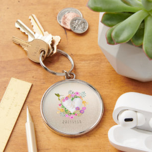 Floral Garden Monogram Heart Beige Schlüsselanhänger