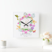 Floral Garden Monogram White Quadratische Wanduhr (Zuhause)