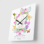 Floral Garden Monogram White Quadratische Wanduhr (Winkel)