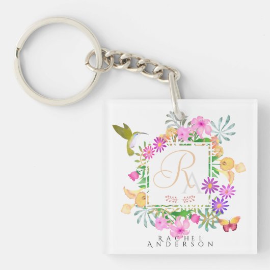 Floral Garden Monogram White Schlüsselanhänger (Vorderseite)