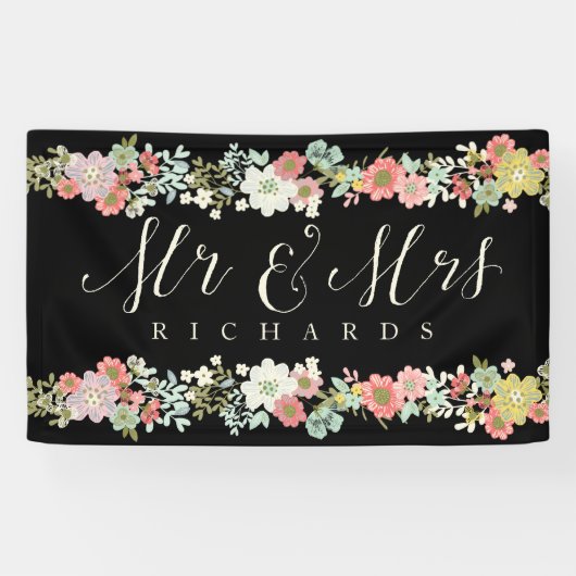 Floral Garden Mr. & Mrs. Wedding Script Banner (Horizontal)