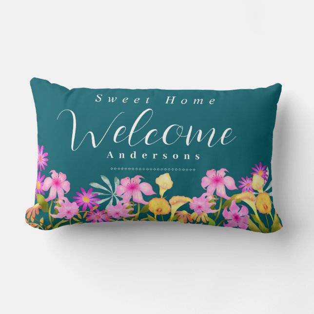 Floral Garden Teal Welcome Throw Pillow Lendenkissen (Vorderseite)