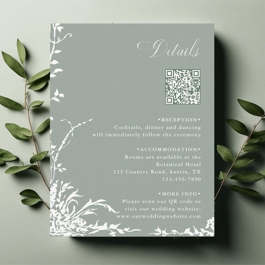 Floral Garden Wedding QR Code Details Sage Green Begleitkarte