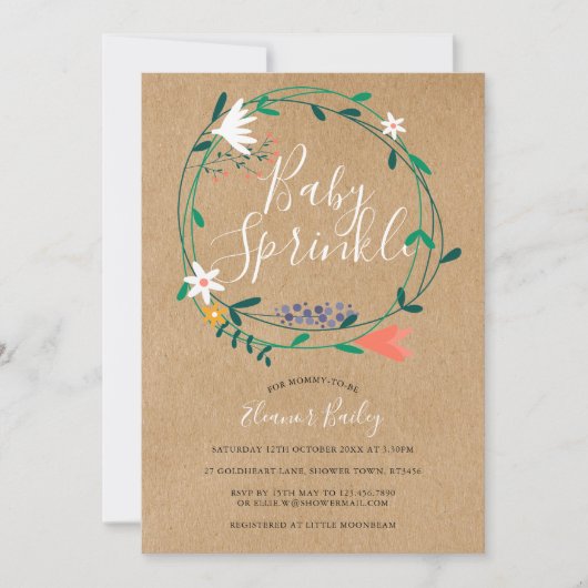Floral Garland Baby Sprinkle Rustic Kraft Boho Einladung (Vorderseite)