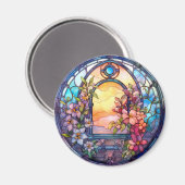 Floral Garland with Sunset Faux Stained-Glass Magnet (Vorderseite/Rückseite)