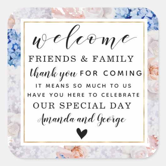 Floral Gastgeschenk Hochzeit personalisiert vielen Quadratischer Aufkleber (Vorderseite)