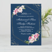 Floral Geometric Frame Navy Blue Islamic Wedding Einladung (Stehend Vorderseite)