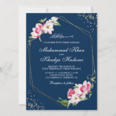 Floral Geometric Frame Navy Blue Islamic Wedding Einladung (Vorderseite)