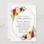Floral Geometric Gold Frame Burgundy Wedding Einladung (Vorderseite)