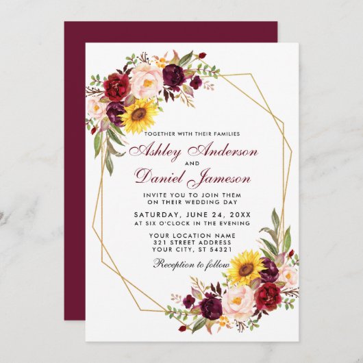 Floral Geometric Gold Frame Burgundy Wedding Einladung (Vorne/Hinten)