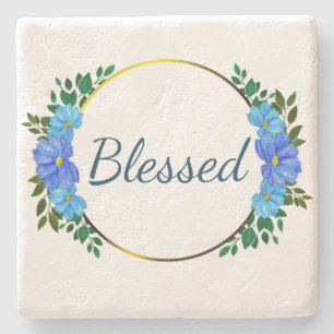 Floral Gesegnete Typografie Blauer Text Einfach Steinuntersetzer
