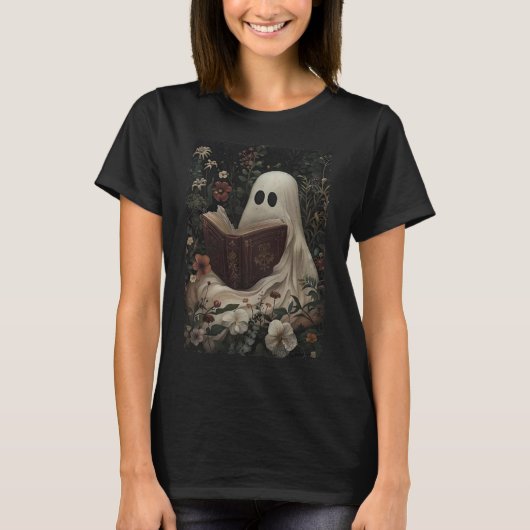 Floral Ghost Reading Buch Halloween Kostüm Gothic T-Shirt (Vorderseite)