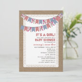 Floral & Gingham Bunting Burlap  Girl Baby Einladung (Stehend Vorderseite)