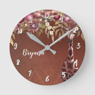 Floral Giraffe Rustic Brown Chic Personalisiert Runde Wanduhr