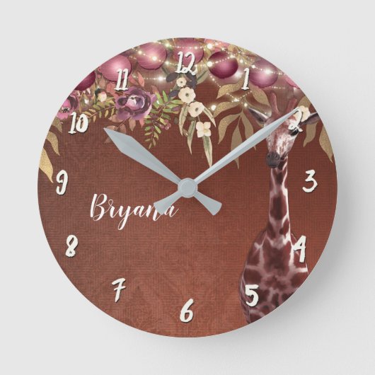 Floral Giraffe Rustic Brown Chic Personalisiert Runde Wanduhr (Vorderseite)