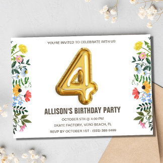 Floral Girl Child 4. Balloon Geburtstagsparty Einladung