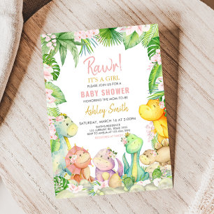 Floral Girl Dinosaur Babydusche Einladung