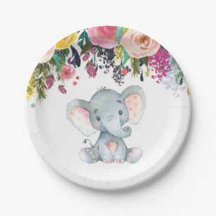 Floral Girl Elephant Babydusche Rosa Papierplatte Pappteller