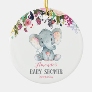 Floral Girl Elephant Babydusche Rosa und Grau Keramik Ornament
