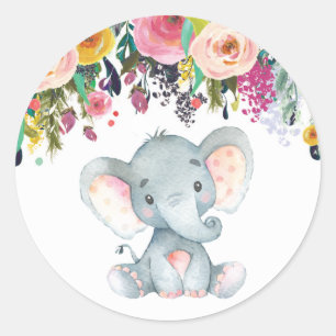 Floral Girl Elephant Babydusche Rosa und Grau Runder Aufkleber