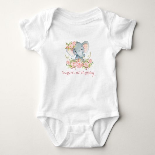 Floral Girl Elephant Bodysuit 1. Geburtstag Party Baby Strampler (Vorderseite)