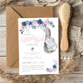 Floral Girl Elephant Navy Blush Baby Dusche Einladung