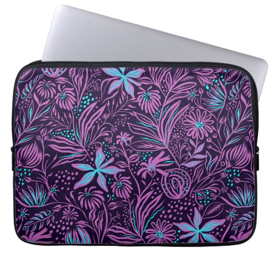 Floral Girl Pink Lila Aquamarines Schwarzes Muster Laptopschutzhülle (Vorderseite)