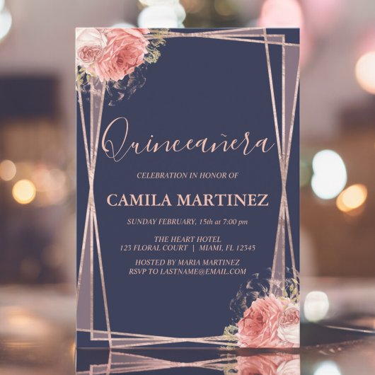 Floral Girl Rose Gold Blue Quinceanera Party Einladung