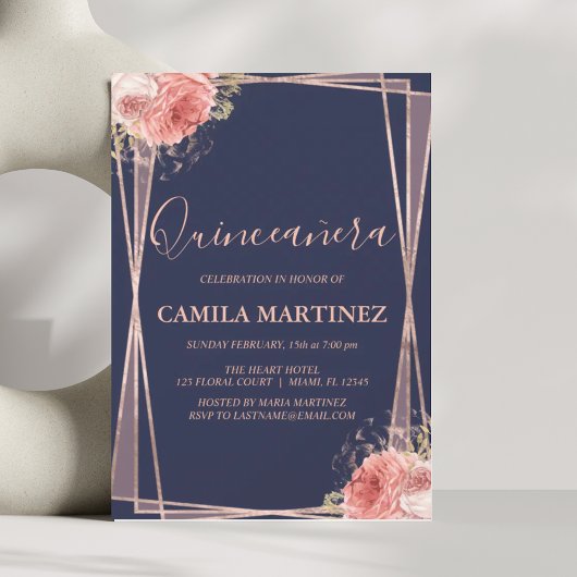 Floral Girl Rose Gold Blue Quinceanera Party Einladung